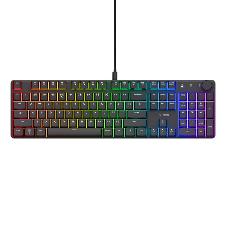 Tastatura mecanica trust gxt 866 torix cu fir, swtich linear, 104 butoane, full rgb, butoane programabile, tipuri de jocuri fps, mmo, moba, rpg, rts, negru,  Tastaturi | electropc.ro