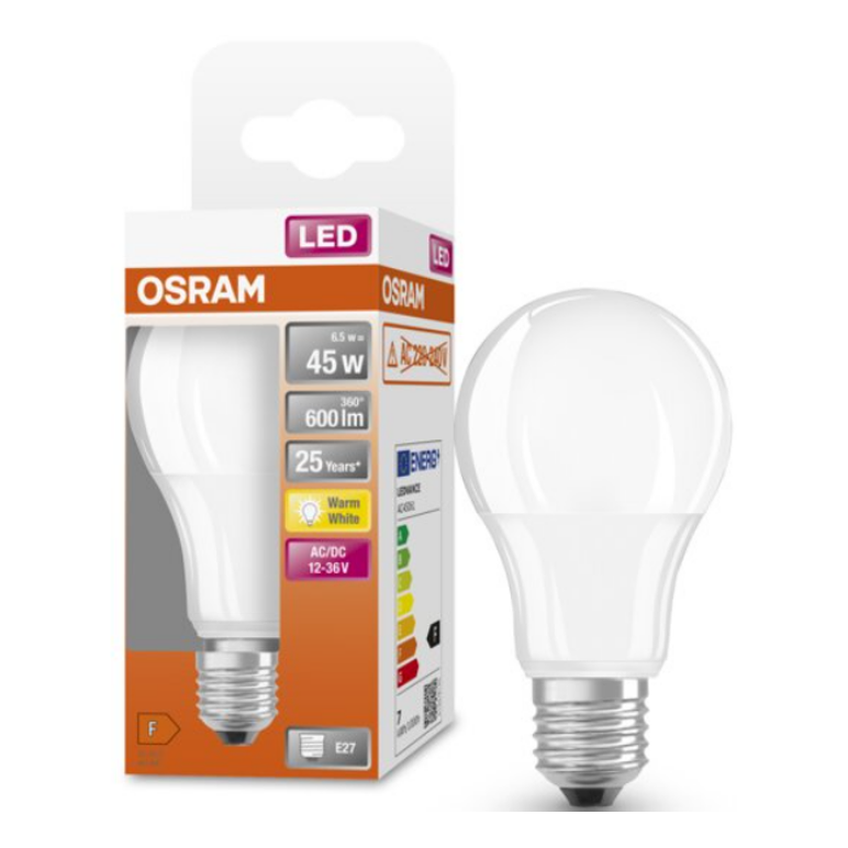 Bec led osram classic a60, e27, 12-36v ac/dc, 6.5w (45w), 600 lm, lumina calda (2700k), nu functioneaza la 220-240v,  Becuri si Tuburi LED | electropc.ro