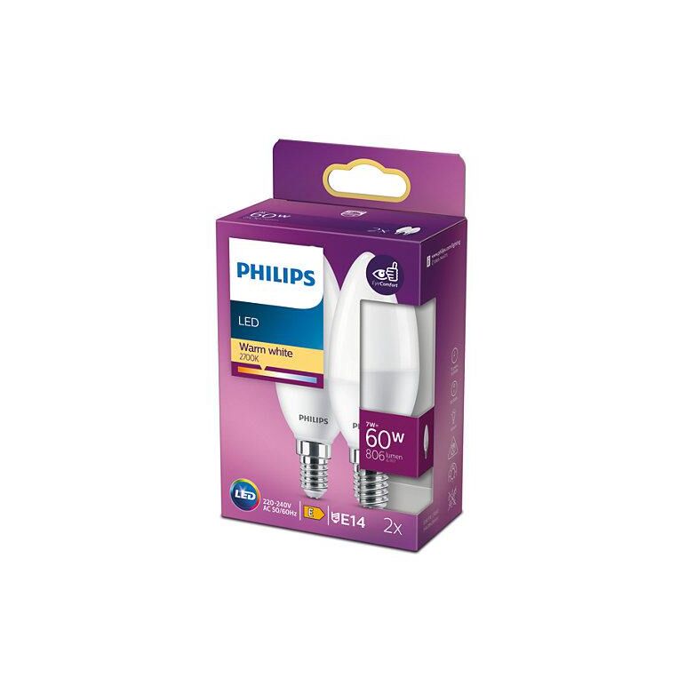 2 becuri led philips b38, eyecomfort, e14, 7w (60w), 806 lm, lumina calda (2700k), mat,  Becuri si Tuburi LED | electropc.ro
