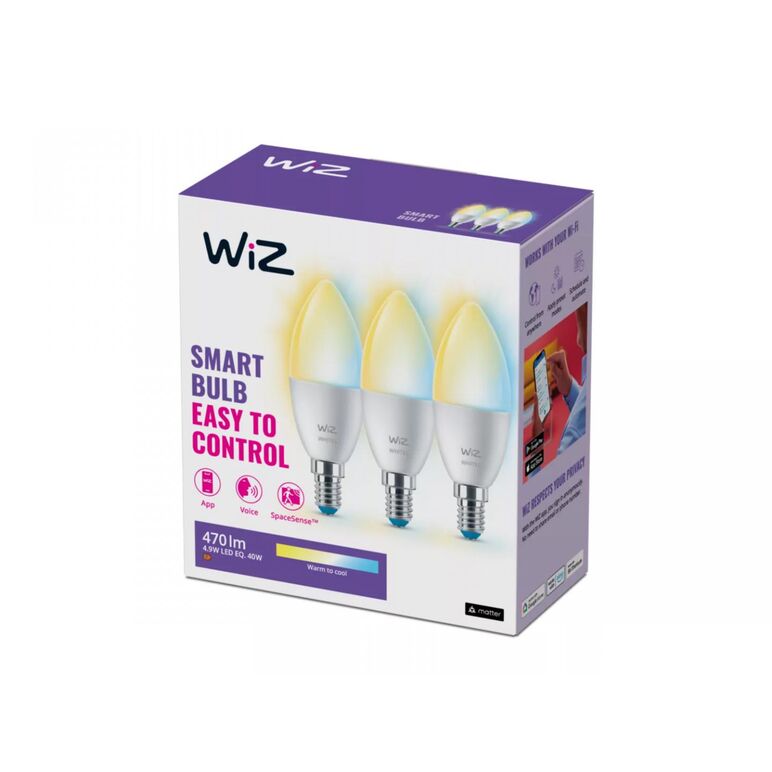 3 becuri led inteligente wiz connected whites c37, wi-fi, e14, 4.9w (40w), 470 lm, lumina alba (2700-6500k), compatibil google assistant/alexa/siri,  Becuri si Tuburi LED | electropc.ro
