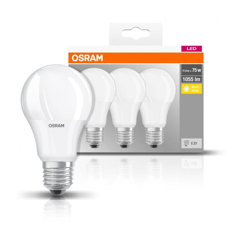 3 becuri led osram base classic a, e27, 10w (75w), 1055 lm, lumina calda (2700k),  Becuri si Tuburi LED | electropc.ro