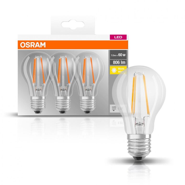 3 becuri led osram base classic a, e27, 7w (60w), 806 lm, lumina calda (2700k), cu filament,  Becuri si Tuburi LED | electropc.ro