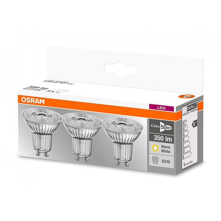 3 becuri led osram base par16 36°, gu10, 4.3w (50w), 350 lm, lumina calda (2700k),  Becuri si Tuburi LED | electropc.ro