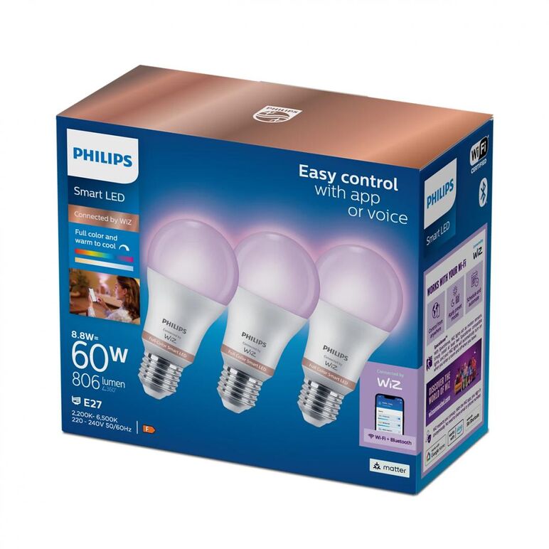 3 becuri led rgb inteligente philips bulb a60, wi-fi, e27, 8.8w (60w), 806 lm, lumina alba si color (2200-6500k),  Becuri si Tuburi LED | electropc.ro