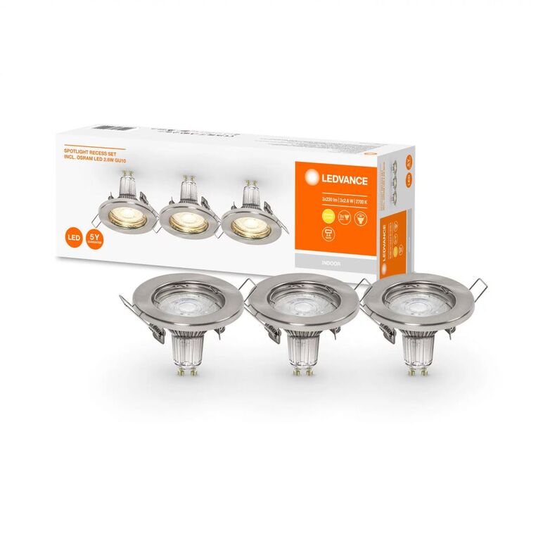 3 spoturi led incastrate ledvance, gu10, 3x2.6w, 3x230 lm, lumina calda (2700k), Ø8cm, nichel,  Aplice de exterior | electropc.ro