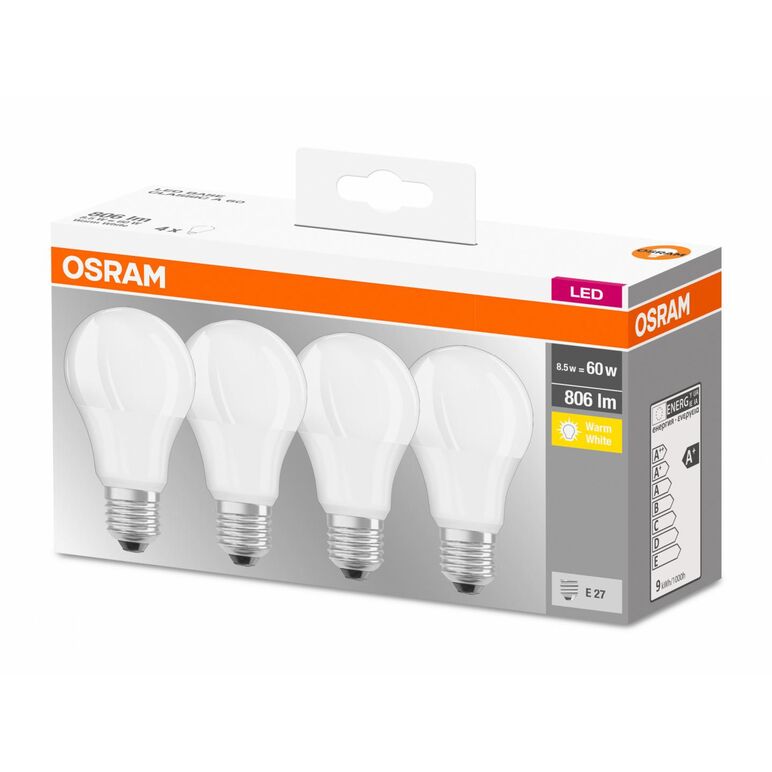 4 becuri led osram base classic a, e27, 8.5w (60w), 806 lm, lumina calda (2700k),  Becuri si Tuburi LED | electropc.ro