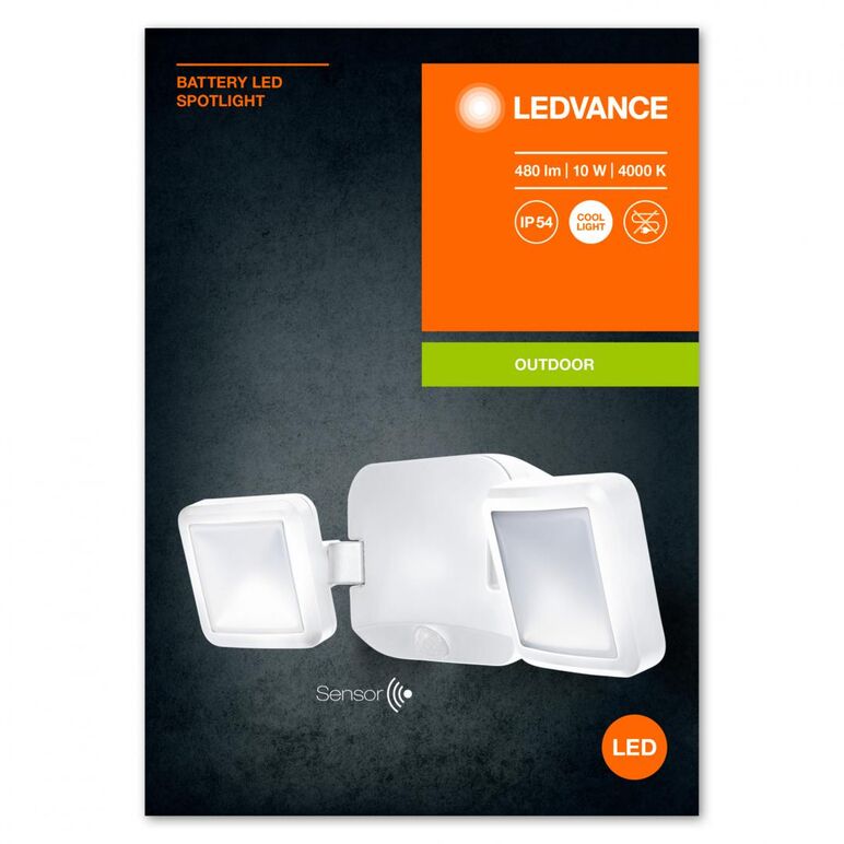Aplica led pentru exterior pe baterii 4x d neincluse, cu senzor de miscare si lumina ledvance battery double spotlight, 10w, 6v, 480 lm, lumina neutra (4000k), ip54, 332x112x105mm, alb,  Aplice de exterior | electropc.ro