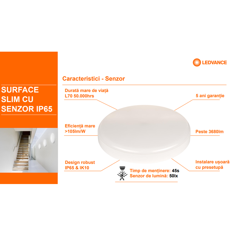 Plafoniera led pentru exterior cu senzor de miscare ledvance surface slim square 260, 26w, 2730 lm, lumina neutra (4000k), ip65/ik10, 260x260x55mm, alb,  Aplice de exterior | electropc.ro