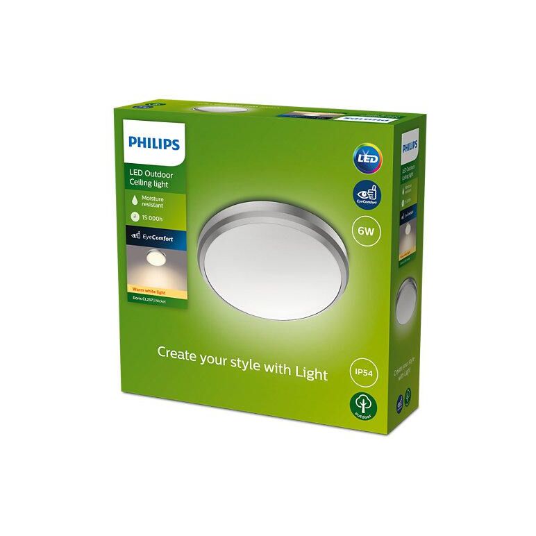 Plafoniera led pentru exterior philips doris, 6w, 600 lm, lumina calda (2700k), ip54, 22 cm, nichel,  Aplice de exterior | electropc.ro