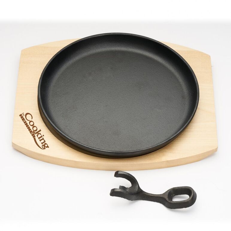 Platou servire rotund , 22 cm , fonta pura, cu maner detasabil si baza din lemn, cooking  by heinner,  Tigai si seturi | electropc.ro