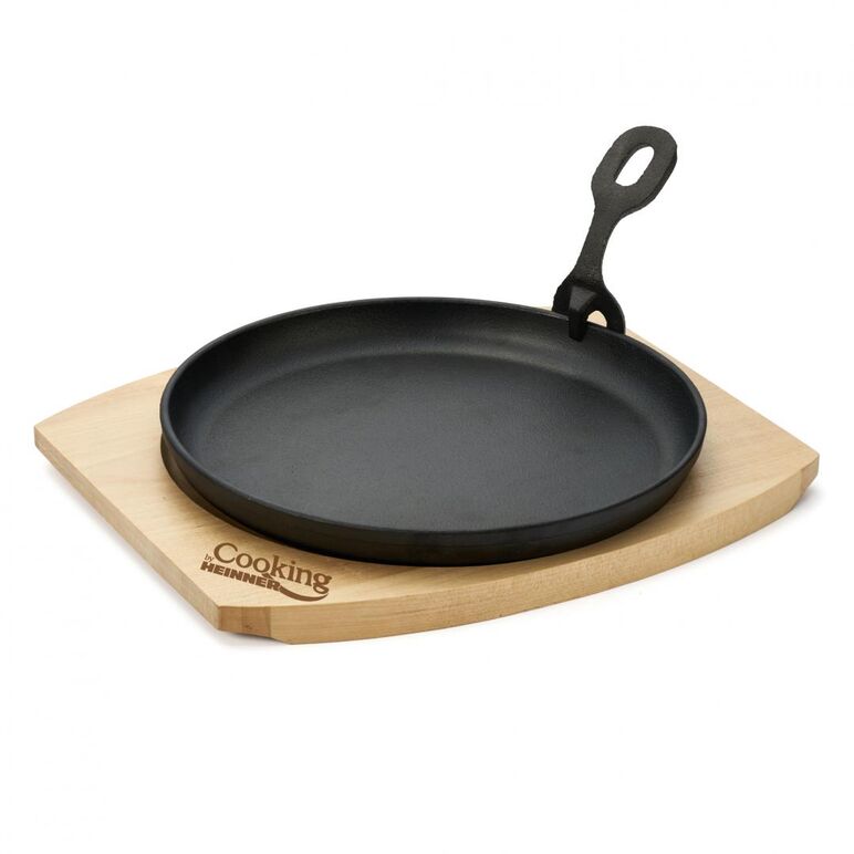 Platou servire rotund , 22 cm , fonta pura, cu maner detasabil si baza din lemn, cooking  by heinner,  Tigai si seturi | electropc.ro