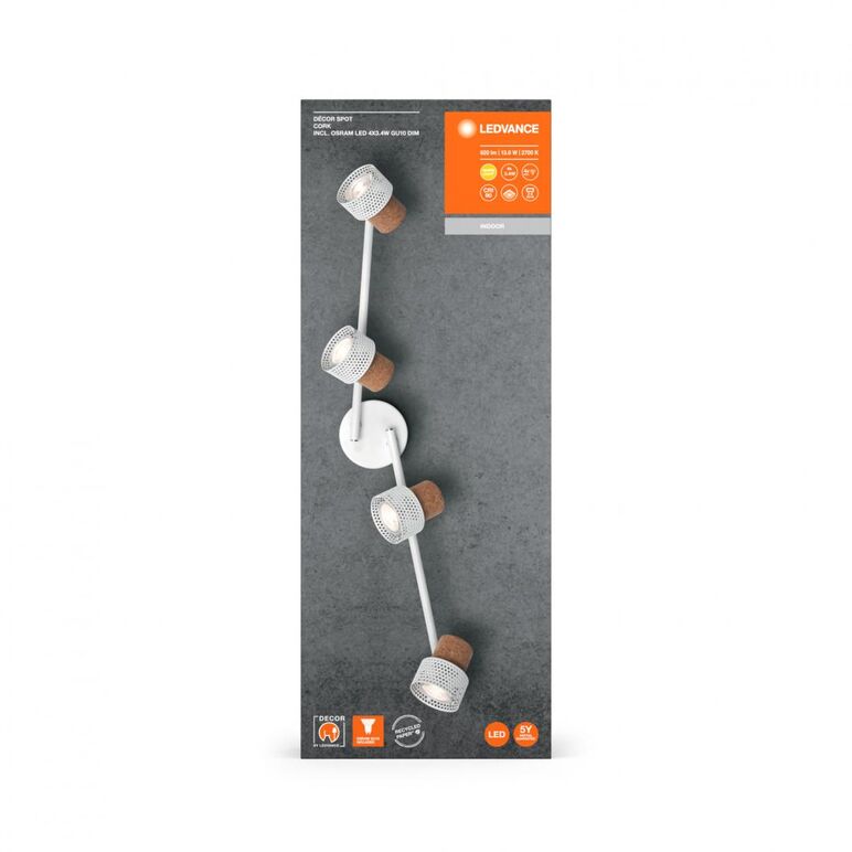 Spot led cvadruplu ajustabil ledvance decor cork, 4xgu10, 4x3.4w, 920 lm, lumina calda (2700k), dimabil, ip20, 813mm, alb, clasa energetica g,  Spoturi aplicate | electropc.ro