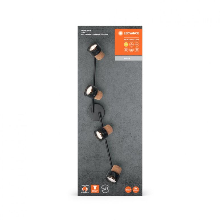 Spot led cvadruplu ajustabil ledvance decor cork, 4xgu10, 4x3.4w, 920 lm, lumina calda (2700k), dimabil, ip20, 813mm, negru, clasa energetica g,  Spoturi aplicate | electropc.ro
