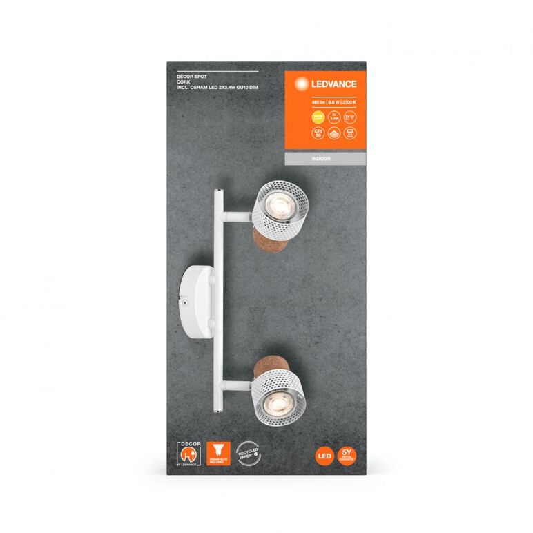 Spot led dublu ajustabil ledvance decor cork, 2xgu10, 2x3.4w, 460 lm, lumina calda (2700k), dimabil, ip20, 338mm, alb, clasa energetica g,  Spoturi aplicate | electropc.ro