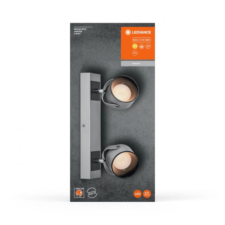 Spot led dublu ajustabil ledvance decor jupiter, 11.5w, 1000 lm, lumina calda (3000k), ip20, 300x150x83mm, metal/policarbonat, argintiu,  Spoturi aplicate | electropc.ro