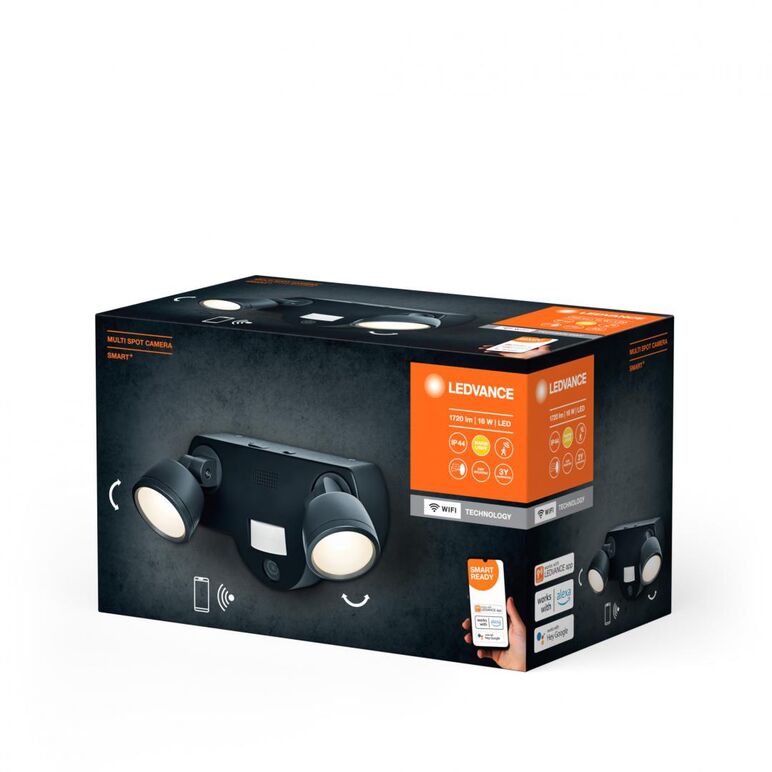 Spot led dublu pentru exterior cu camera de supraveghere 2 mp si senzor de miscare ledvance smart+ wifi multispot camera, 16w, 1720 lm, lumina calda (3000k), dimabila, ip44, 250x135x130mm, gri, clasa energetica d,  Aplice de exterior | electropc.ro