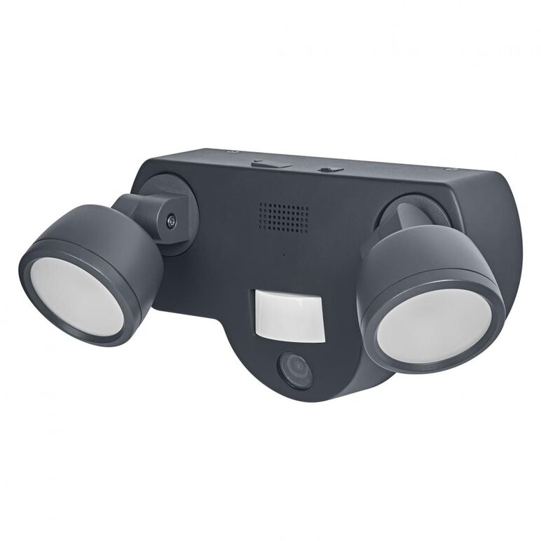 Spot led dublu pentru exterior cu camera de supraveghere 2 mp si senzor de miscare ledvance smart+ wifi multispot camera, 16w, 1720 lm, lumina calda (3000k), dimabila, ip44, 250x135x130mm, gri, clasa energetica d,  Aplice de exterior | electropc.ro
