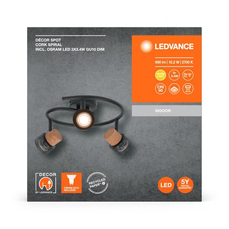 Spot led triplu ajustabil ledvance decor cork spiral, 3xgu10, 3x3.4w, 690 lm, lumina calda (2700k), ip20, 318x136x293mm, metal/pluta, negru,  Spoturi aplicate | electropc.ro