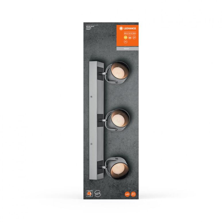 Spot led triplu ajustabil ledvance decor jupiter, 16.5w, 1500 lm, lumina calda (3000k), ip20, 500x155x83mm, metal/policarbonat, argintiu,  Spoturi aplicate | electropc.ro
