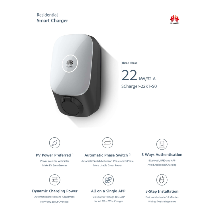 Statie incarcare v.e. huawei smart charger 22 kw, 400v, 6a-32a, 1xtype 2, wifi, ip54, ik10, 2x rfid card incluse,  Statii incarcare AC | electropc.ro