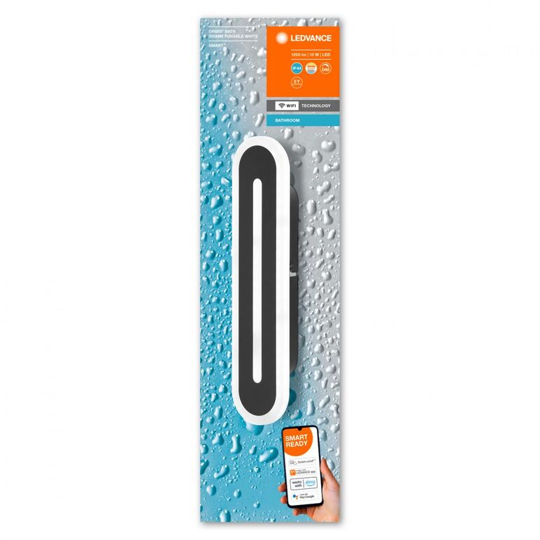 Aplica led inteligenta pentru baie ledvance smart+ wifi orbis bath 300, 13w, 1200 lm, lumina alba (3000-6500k), ip44, 300x50x70mm, metal, negru,  Lampi de interior | electropc.ro
