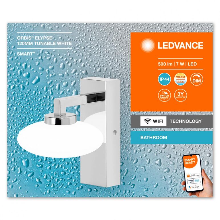 Aplica led inteligenta pentru baie ledvance smart+ wifi orbis elypse 120, 7w, 500 lm, lumina alba (3000-6500k), ip44, 120x166x150mm, metal, argintiu,  Lampi de interior | electropc.ro