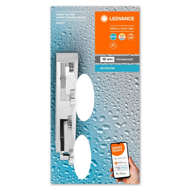 Aplica led inteligenta pentru baie ledvance smart+ wifi orbis elypse 340, 12w, 1000 lm, lumina alba (3000-6500k), ip44, 340x166x880mm, metal, argintiu,  Lampi de interior | electropc.ro