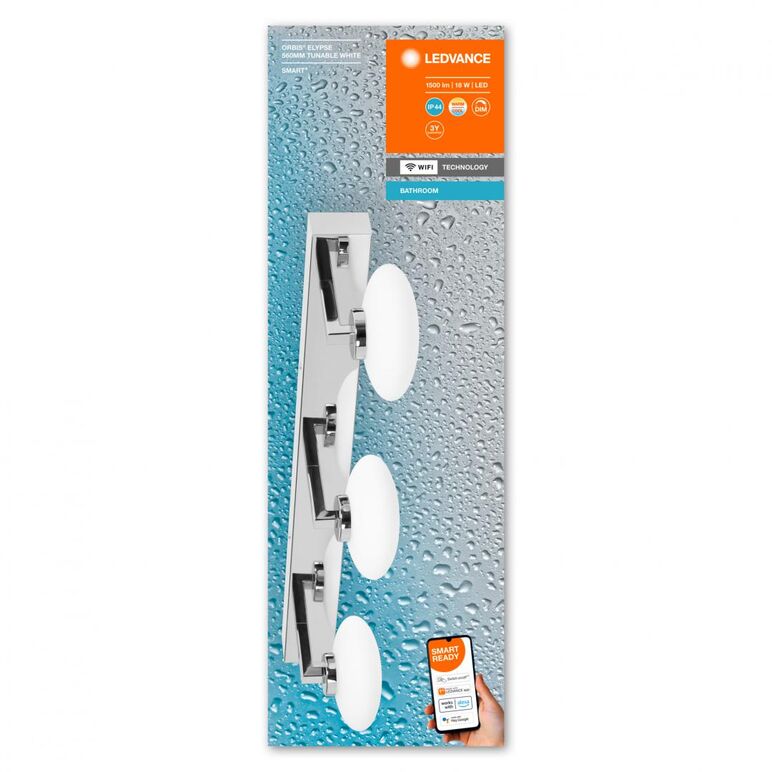 Aplica led inteligenta pentru baie ledvance smart+ wifi orbis elypse 560, 18w, 1500 lm, lumina alba (3000-6500k), ip44, 560x166x88mm, metal, argintiu,  Lampi de interior | electropc.ro