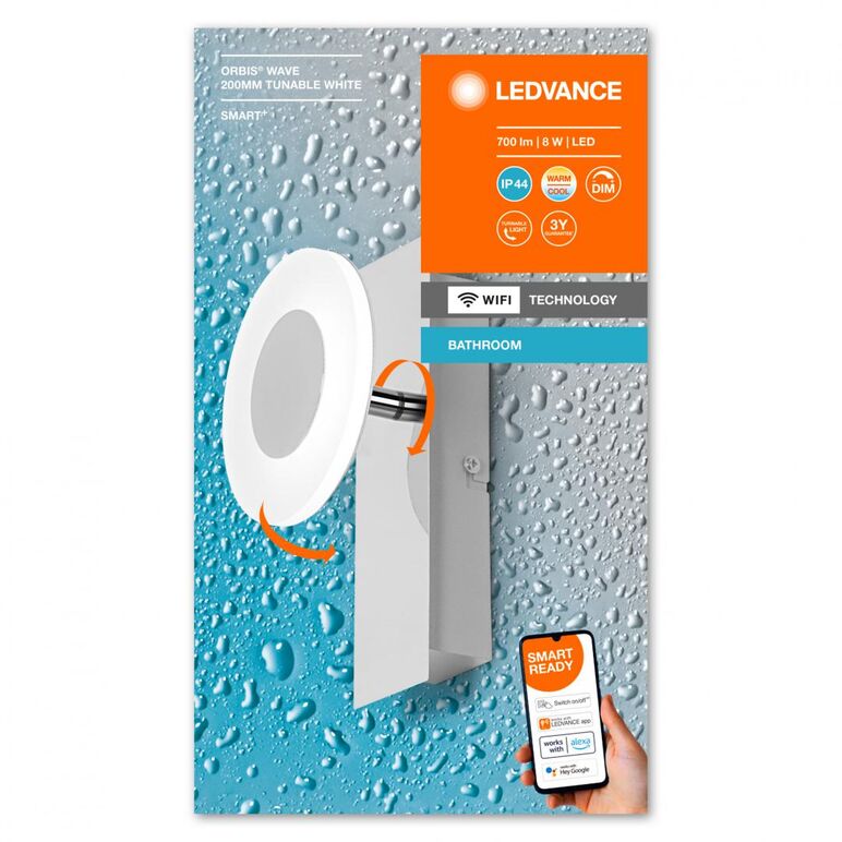 Aplica led inteligenta pentru baie ledvance smart+ wifi orbis wave 200, 8w, 700 lm, lumina alba (3000-6500k), ip44, 200x93x120mm, metal, argintiu,  Lampi de interior | electropc.ro