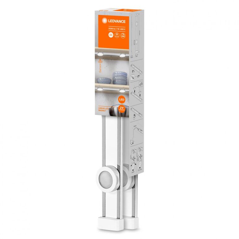 Aplica led liniara ledvance cu 2 spoturi aplicabile pe sina magnetica cu senzor de miscare, 7w, 400 lm, lumina neutra (4000k), ip20, montaj aplicat, cablu alimentator 1.5m, 445x71x59mm, alb,  Lampi de interior | electropc.ro