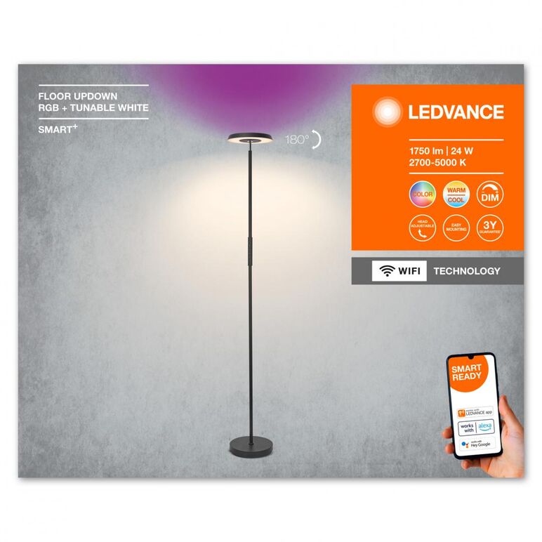 Lampadar led rgb inteligent ledvance smart+ wifi floor up&down, 24w, 1750 lm, lumina alba si color (2700-5000k), dimabila, Ø251x1780mm, ip20, clasa energetica e,  Lampi de interior | electropc.ro