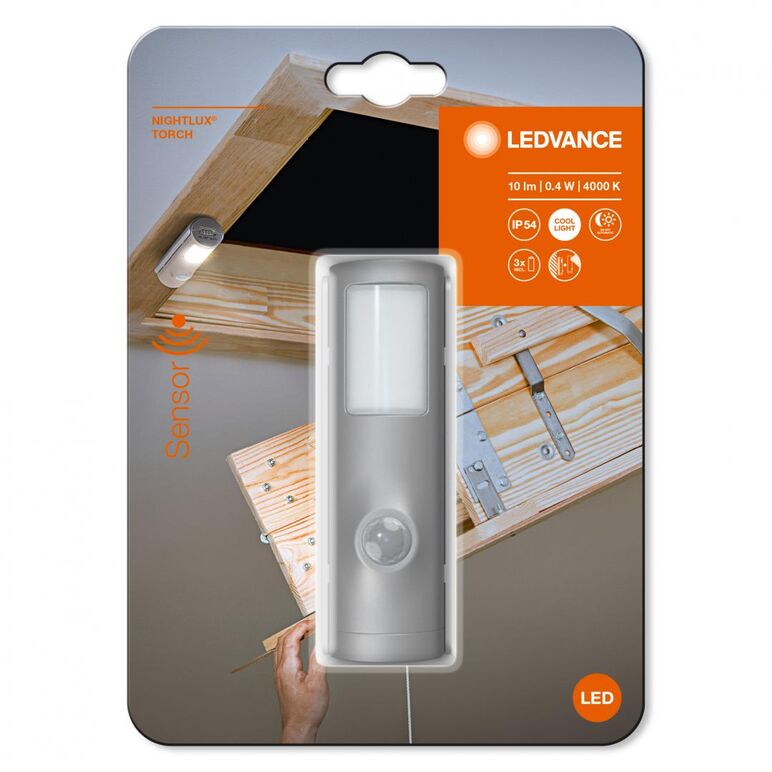 Mini lanterna led ledvance nightlux torch cu senzor de miscare si lumina, 0.4w, 10 lm, lumina neutra (4000k), ip54, 3xaaa, gri,  Lampi de interior | electropc.ro