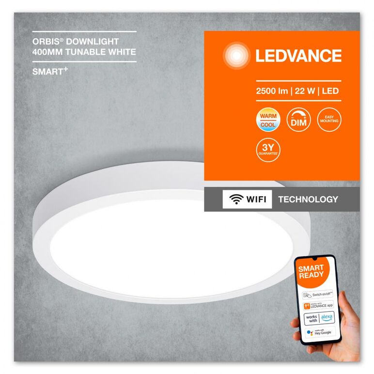 Panou led inteligent ledvance smart+ wifi orbis round downlight surface, 22w, 2500 lm, lumina alba (3000-6500k), dimabila, ip20, Ø400x40mm, alb, clasa energetica f,  Lampi de interior | electropc.ro