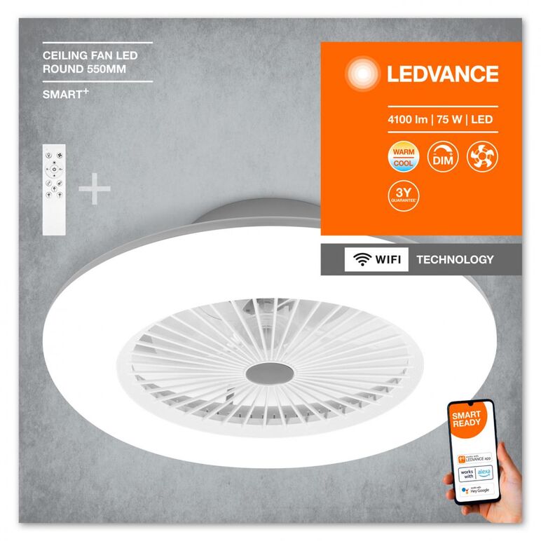 Plafoniera led inteligenta cu ventilator ledvance smart+ wifi ceiling fan cu telecomanda, 75w, 4100 lm, lumina alba (3000-6500k), dimabila, ip20, Ø600x216mm, alb,  Lampi de interior | electropc.ro