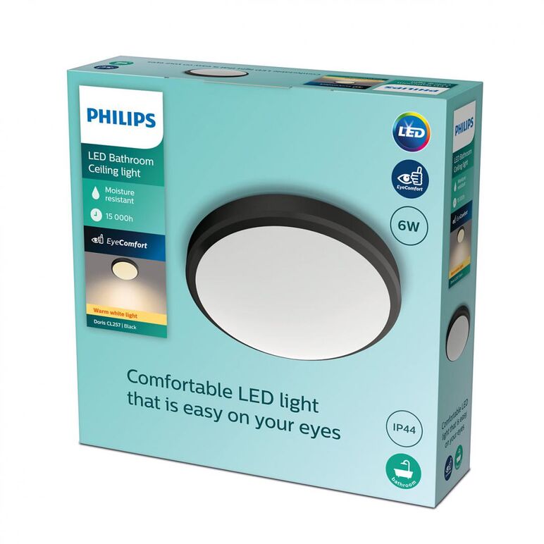 Plafoniera led philips doris cl257, 6w, 600 lm, lumina calda (2700k), ip44, 22cm, negru,  Lampi de interior | electropc.ro