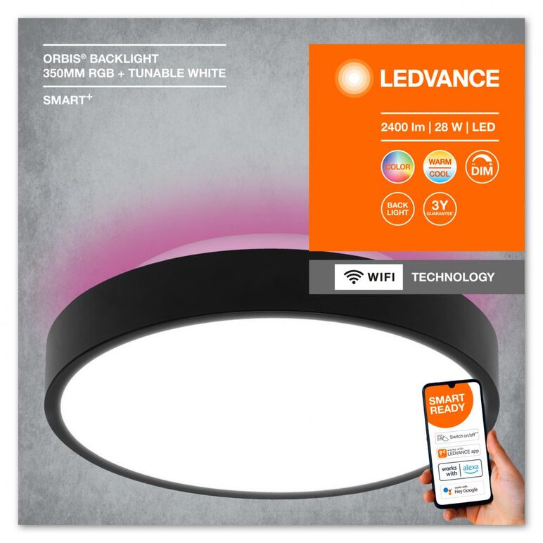 Plafoniera led rgb inteligenta ledvance smart+ wifi orbis backlight 350, 28w, 2400 lm, lumina alba si color (3000-6500k), ip20, Ø350x90mm, metal/policarbonat, negru,  Lampi de interior | electropc.ro