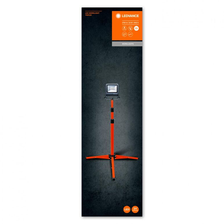 Proiector led (lampa de lucru) cu stativ ledvance worklight tripod, 30w, 220-240v, 2700 lm, lumina neutra (4000k), ip65/ik06/ip44, inaltime ajustabila 1.8m, aluminiu,  Aplice de exterior | electropc.ro