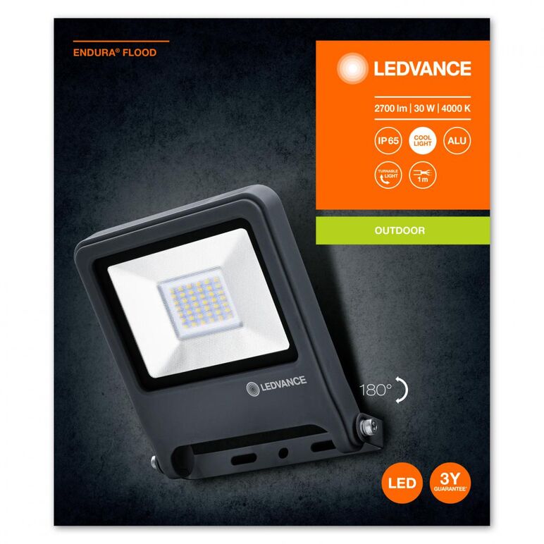 Proiector led ledvance endura flood, 30w, 220-240v, 2700 lm, lumina neutra (4000k), ip65, 193x170x39mm, aluminiu, gri,  Proiectoare | electropc.ro