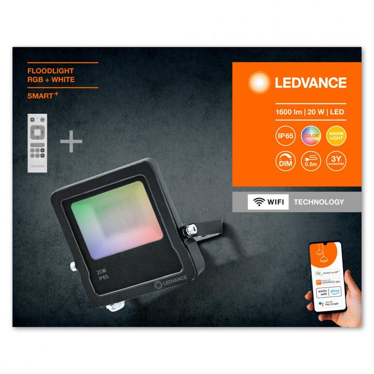 Proiector led rgb inteligent ledvance smart+ wifi cu telecomanda, 20w, 220-240v, 1600 lm, lumina alba si color (3000k), dimabila, ip65/ik05, dimabil, 152x125x28mm, aluminiu, gri,  Proiectoare | electropc.ro
