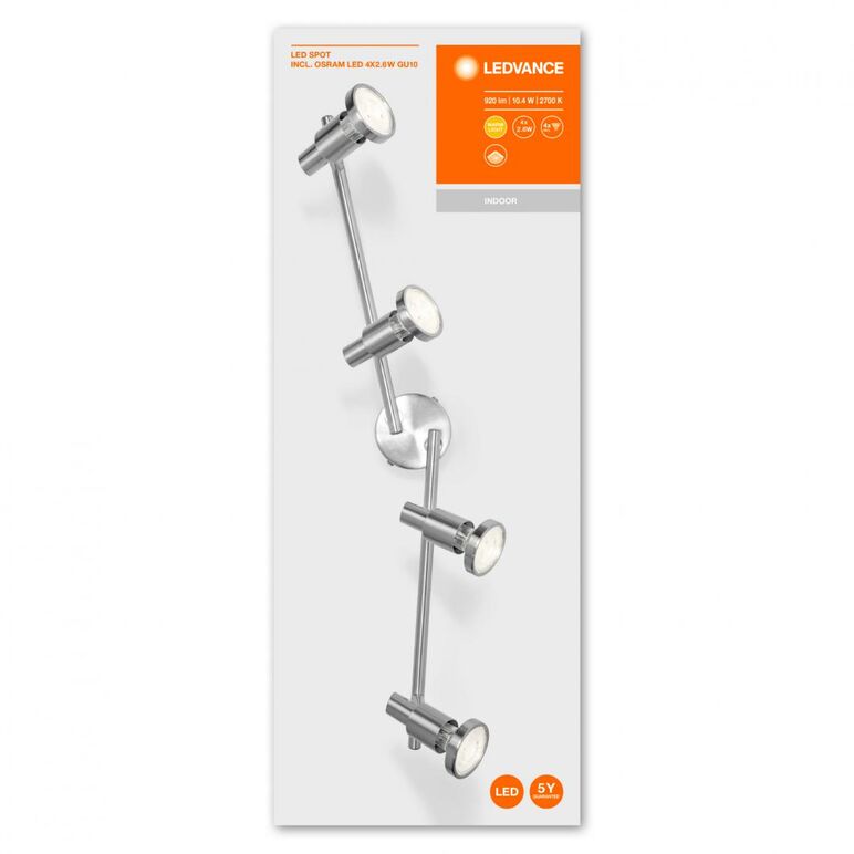 Spot led cvadruplu ledvance, 4xgu10, 4x2.6w, 920 lm, lumina calda (2700k), ip20, 486x170x90mm, aluminiu, argintiu,  Lampi de interior | electropc.ro