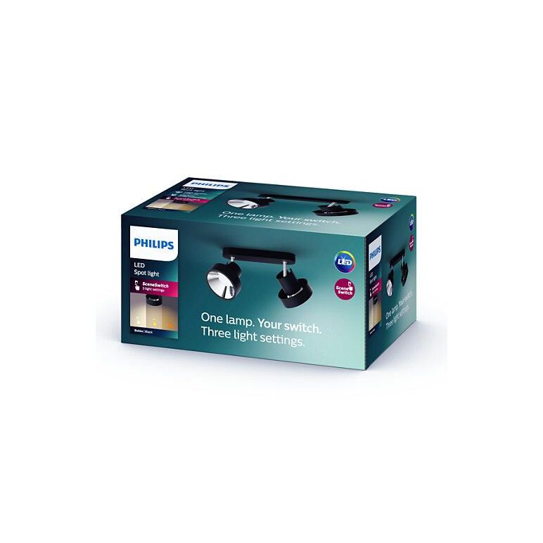 Spot led dublu philips bukko, 24v, 2x4.3w, 800 lm, intensitate variabila, lumina calda (2200-2700k), ip20, 17x36.6x11cm, metal, negru,  Lampi de interior | electropc.ro