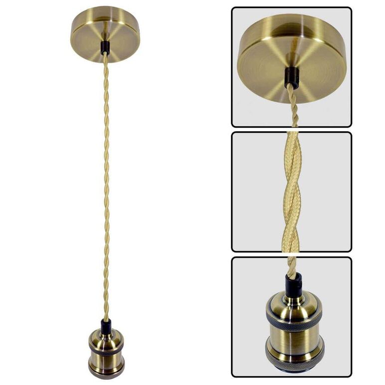 Pendul vivalux retro antique brass, e27, max. 60w, textil/metal, ip20, Ø100mm, cablu dublu auriu 1m, bec neinclus,  Lampi de interior | electropc.ro