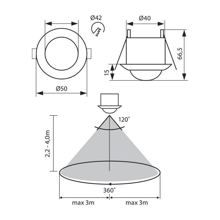Senzor de miscare incastrat ir vivalux kylo, 230v, ip20, Ø50x66.5mm, incandescent 800w, led 400w, alb,  Aplice | electropc.ro