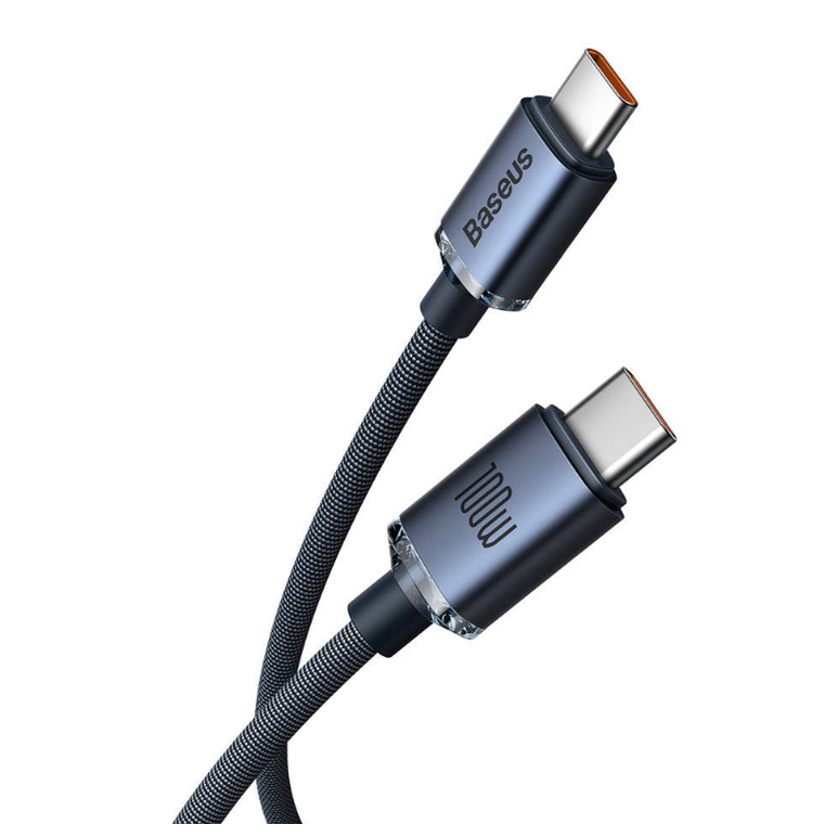 Cablu alimentare si date baseus crystal shine, fast charging data cable pt. smartphone, usb type-c la usb type-c 100w, 2m, braided, negru,  Cabluri periferice | electropc.ro