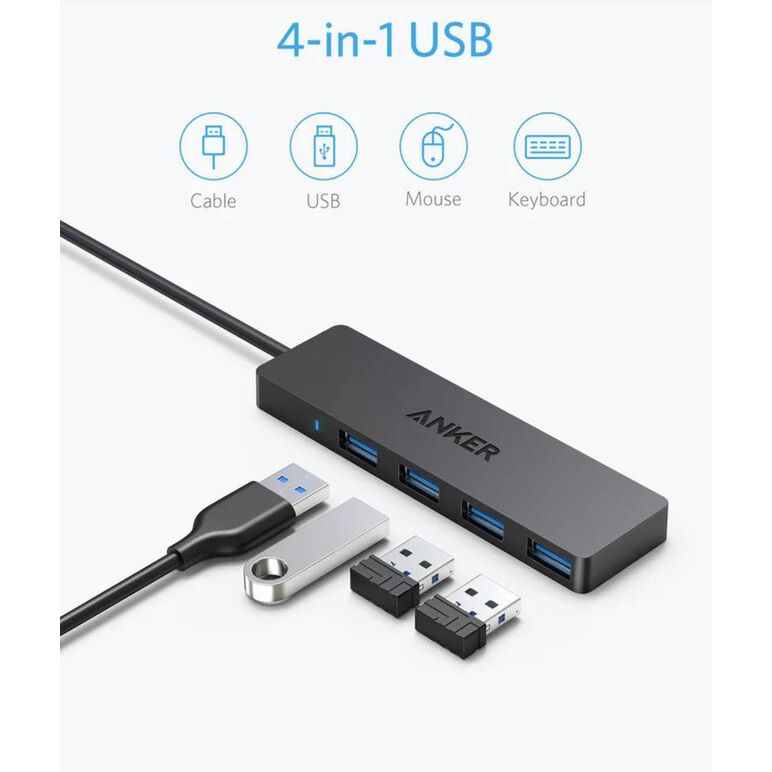 Hub usb anker 4-in-1, porturi: 4 x usb 3.2 gen 1, conectare prin usb 2.0 (t), rata transfer 5 gbps, abs, negru,  Hub-uri USB | electropc.ro