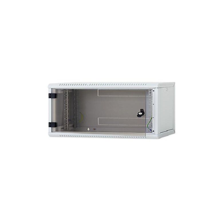 Rack de perete triton sectiune simpla 18u 600mm adancime usa sticla panouri laterale detasabile, sectiuni acces cabluri sus/jos/spate securizare cu cheie, 1 pereche montanti reglabili, fabricat din tabla galvanizata ip30 gri,  Cabinete metalice | electropc.ro