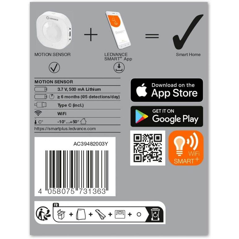 Senzor de miscare ledvance smart+ wifi, 72x31x24mm, alb, baterie reincarcabila prin cablu usb-c inclus, autonomie ~6 luni,  Accesorii iluminat de interior | electropc.ro