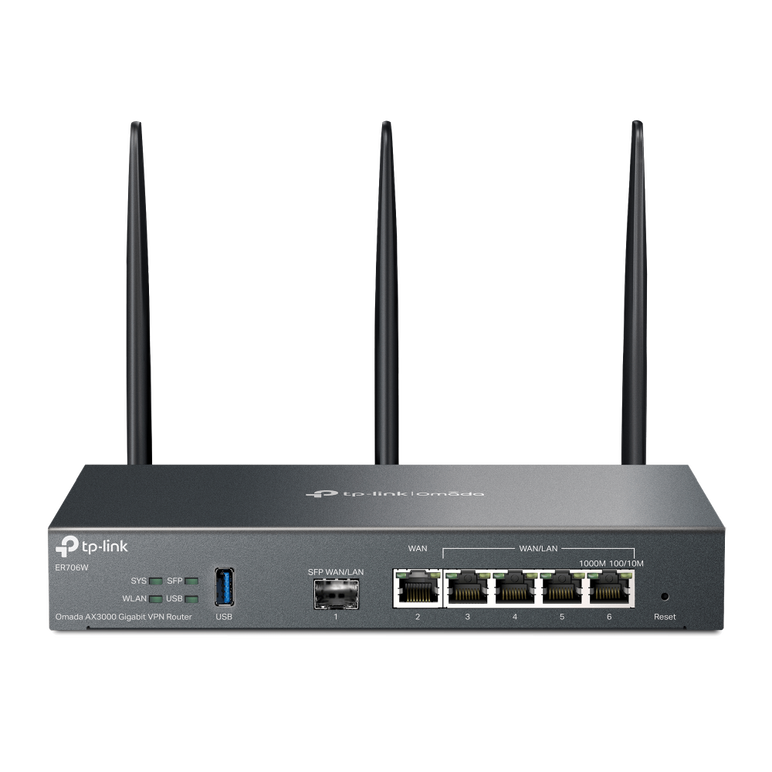 Tp-link router vpn wi-fi 6 ax3000 multi-wan er706w, interfata: 1 x wan, 4 x 10/100/1000mbps, 1 x usb 3.0, dual-band 2.4 ghz: 574 mbps, 5 ghz: 2402 mbps, memorie: 128 mb nand, ram 512 mb ddr4, dimesiuni: 226 × 131 × 35 mm,,  Routere | electropc.ro