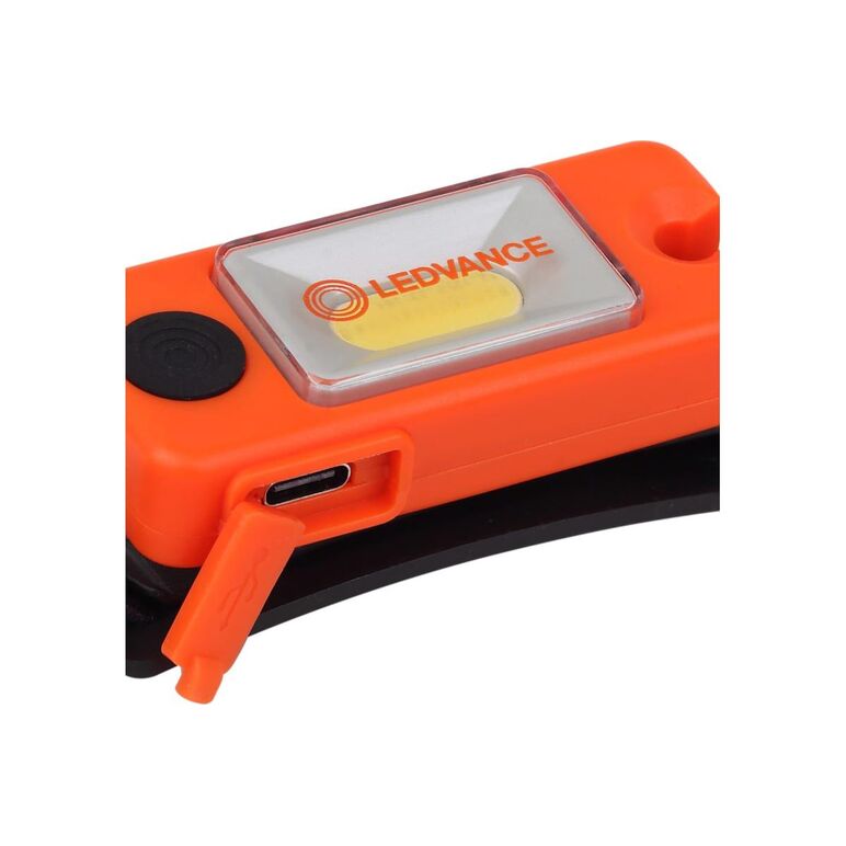 Lanterna led frontala ledvance, reincarcabila, 2w, 80 lm, ip22, usb-c, 4 moduri de iluminare (100%-80 lm, 50%-40 lm,  led culoare rosie on sau led culoare rosie flash), acumulator li-ion 250 mah, cablu incarcare usb inclus, portocaliu/negru,  Lampi de exterior | electropc.ro