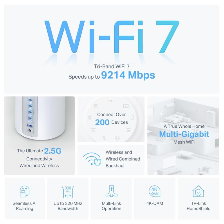 Tp-link deco be65(2-pack) sistem mesh wi-fi 7, be9300, tri-band, standarde wireless: ieee 802.11be/ax 6 ghz, ieee 802.11be/ax/ac/n/a 5 ghz, ieee 802.11ax/n/b/g 2.4 ghz, viteze wireless: be9300 6 ghz: 5760 mbps (802.11be), 5 ghz: 2880 mbps (802.11be), 2.4 ,  Routere Wireless | electropc.ro